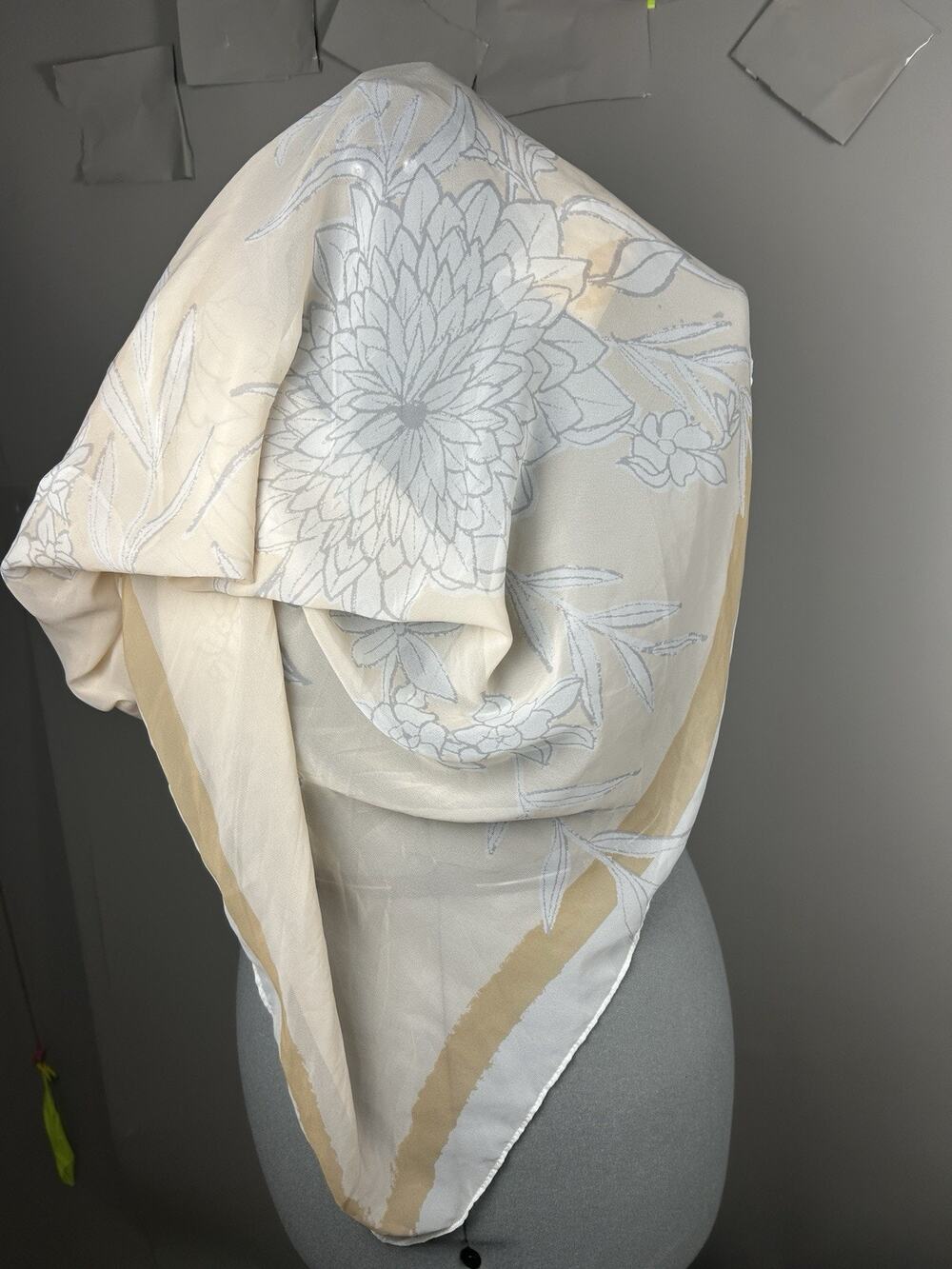 Cream Beige Gray Floral Square Scarf 38x38 Oversized Silky Lightweight Wrap